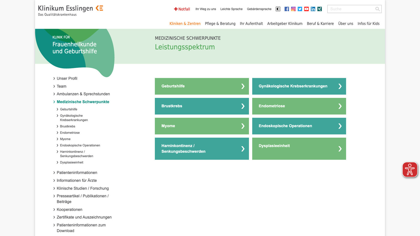 Webseite der Frauenklinik und Geburtshilfe am Klinikum Esslingen mit Übersicht der medizinischen Schwerpunkte wie Geburtshilfe, Brustkrebs, Myome und Endometriose